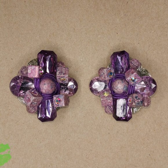 Vintage Lavender Gems One of A Kind Artisan Handmade Clip-On Earrings - Picture 2 of 9